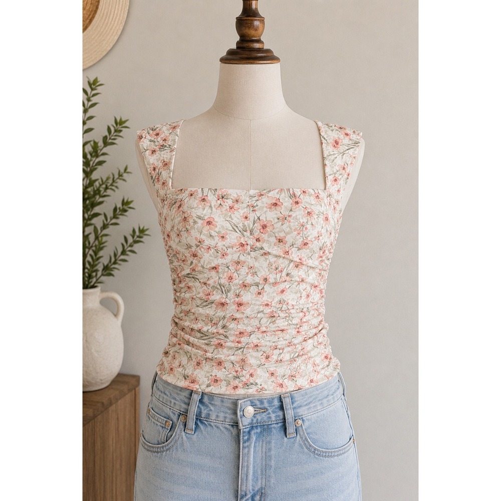 Coquette Floral Ruched Cottagecore Corset Style Top | Small NWT